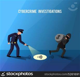 Hackers Cybercrime Prevention Investigation Flat Poster. Computer internet hightech crime investigation cyber attacks and misuse of data prevention flat dark blue poster vector illustration