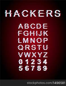 Hackers glitch font template. Retro futuristic style vector alphabet set on red background. Capital letters, numbers and symbols. Cyber criminal typeface design with distortion effect