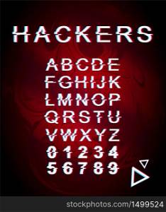 Hackers glitch font template. Retro futuristic style vector alphabet set on red holographic background. Capital letters, numbers and symbols. Cyber criminal typeface design with distortion effect