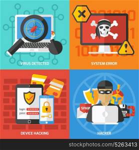 Hackers Square Compositions Set. Four colorful hacking compositions with flat images and pictograms of gadgets viral protection and hacker character vector illustration