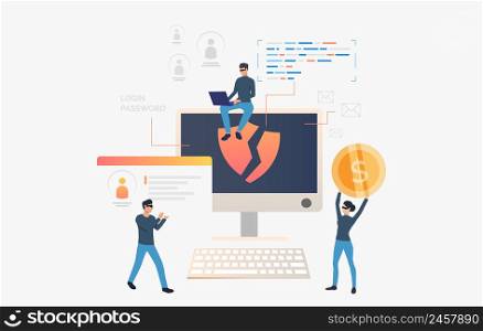Hackers stealing personal data and money. Cartoon criminals carrying ID card and money. Hacker attack concept. Vector illustration can be used for fraud computer data, hacker identity, cyber thieves