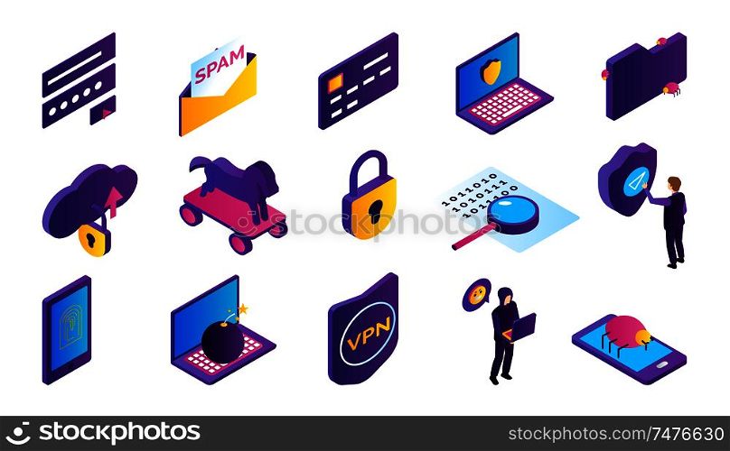 Hacking activity isometric icons set with hacker stealing information isolated on white background 3d vector illustration