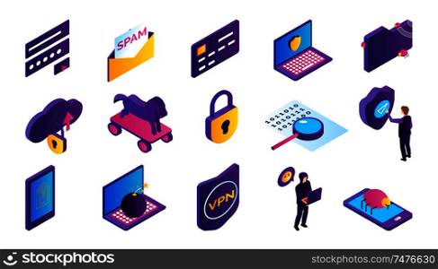 Hacking activity isometric icons set with hacker stealing information isolated on white background 3d vector illustration