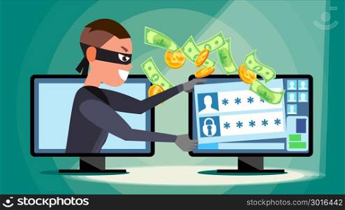 Hacking Concept Vector. Hacker Using Personal Computer Stealing Credit Card Information, Personal Data, Money. Network Fishing. Hacking PIN Code. Breaking, Attacking. Flat Cartoon Illustration. Hacking Concept Vector. Hacker Using Personal Computer Stealing Credit Card Information, Personal Data, Money. Flat Cartoon Illustration
