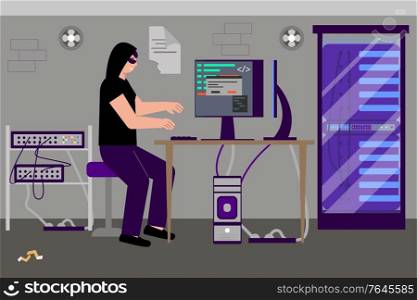 Hacking flat composition with indoor scenery and character of hacker busy with laptop near server rack vector illustration