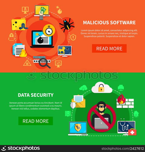 Hacking flat horizontal banners set with malicious software and data security decorative icons cartoon vector illustration. Hacking Flat Horizontal Banners