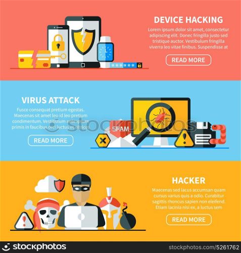 Hacking Horizontal Banners Set. Three horizontal hackers banners set with flat electronic device images editable text and read more button vector illustration