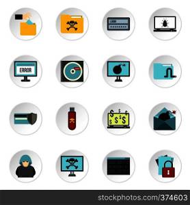 Hacking icons set. Flat illustration of 16 hacking vector icons for web. Hacking icons set, flat style