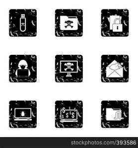 Hacking icons set. Grunge illustration of 9 hacking vector icons for web. Hacking icons set, grunge style