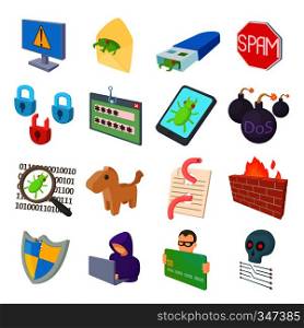 Hacking icons set in cartoon style isolated on white background. Hacking icons set, cartoon style