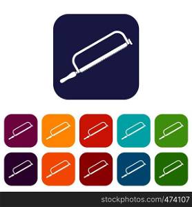 Hacksaw icons set vector illustration in flat style In colors red, blue, green and other. Hacksaw icons set