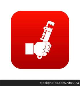 Hacksaw in man hand icon digital red for any design isolated on white vector illustration. Hacksaw in man hand icon digital red