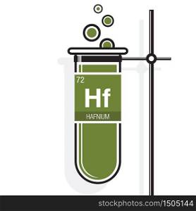 Hafnium symbol on label in a green test tube with holder. Element number 72 of the Periodic Table of the Elements - Chemistry