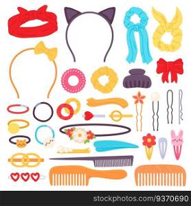 Hair accessories. Cartoon headband with ribbon bow, hairpin, clips, scrunchies and cute elastics with flowers. Head rim and comb vector set. Illustration ribbon and headband for hair. Hair accessories. Cartoon headband with ribbon bow, hairpin, clips, scrunchies and cute elastics with flowers. Head rim and comb vector set