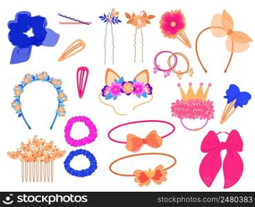 Hair accessories. Different girly style elements. Headbands, tiaras, elastic bands and hair pins, decorative flowers, silk ribbons and bows, girls beauty objects, vector cartoon hand drawn isolated set. Hair accessories. Different girly style elements. Headbands, tiaras, elastic bands and hair pins, decorative flowers, silk ribbons and bows, girls beauty objects, vector isolated set