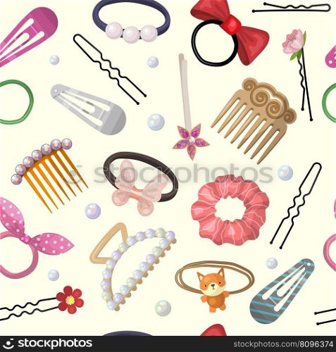 Hair accessories pattern. Beauty stylish items for hair grooming and care processes plastic pins rubber bands recent vector seamless background in cartoon style. Illustration of hair accessory. Hair accessories pattern. Beauty stylish items for hair grooming and care processes plastic pins rubber bands recent vector seamless background in cartoon style