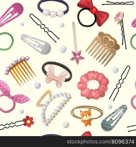 Hair accessories pattern. Beauty stylish items for hair grooming and care processes plastic pins rubber bands recent vector seamless background in cartoon style. Illustration of hair accessory. Hair accessories pattern. Beauty stylish items for hair grooming and care processes plastic pins rubber bands recent vector seamless background in cartoon style