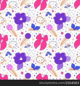 Hair accessories seamless pattern. Repeated female style elements, romantic colors elastics, pink bows, purple ribbons and barrettes, girly background. Decor textile, wrapping paper, vector print. Hair accessories seamless pattern. Repeated female style elements, romantic colors elastics, pink bows, purple ribbons and barrettes, girly background. Decor textile, vector print