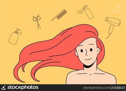 Hair care and beauty concept. Portrait of smiling girl with red hair and care tools dryer scissors mask shampoo above vector illustration. Hair care and beauty concept