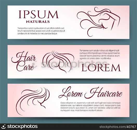 Hair care banners set with linear long hared women and text. Vector illustration
