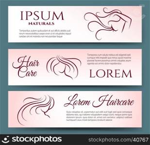 Hair care banners set with linear long hared women and text. Vector illustration