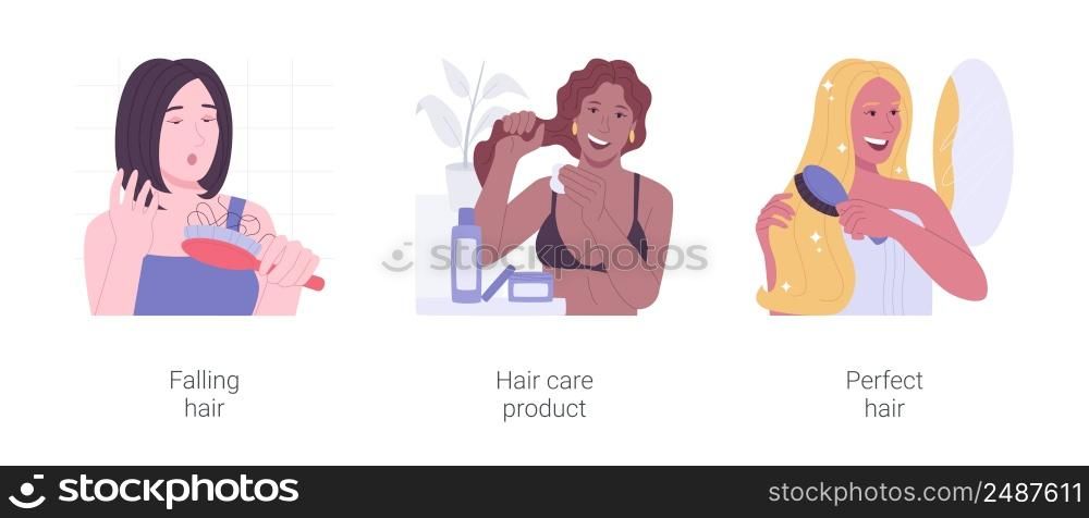 Hair care isolated cartoon vector illustrations set. Woman having problem with hair falling, applying oil mask, at home treatment, happy girl combing long shine hair, morning rituals vector cartoon.. Hair care isolated cartoon vector illustrations set.