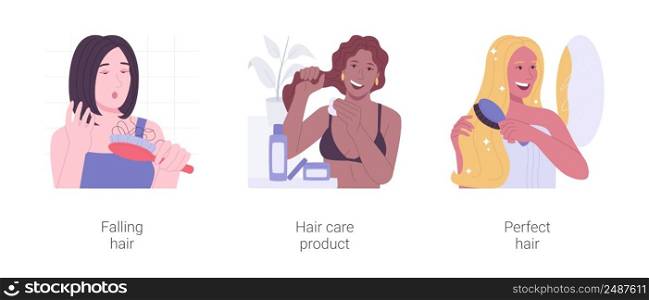 Hair care isolated cartoon vector illustrations set. Woman having problem with hair falling, applying oil mask, at home treatment, happy girl combing long shine hair, morning rituals vector cartoon.. Hair care isolated cartoon vector illustrations set.