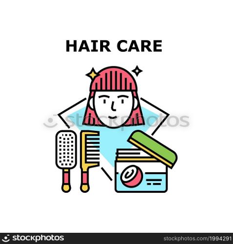 Hair Care Tool Vector Icon Concept. Hair Care Tool Comb And Coconut Cream Package, Accessory And Cosmetology For Coloring And Hairdressing. Client Treatment In Beauty Salon Color Illustration. Hair Care Tool Vector Concept Color Illustration