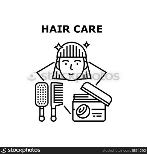 Hair Care Tool Vector Icon Concept. Hair Care Tool Comb And Coconut Cream Package, Accessory And Cosmetology For Coloring And Hairdressing. Client Treatment In Beauty Salon Black Illustration. Hair Care Tool Vector Concept Black Illustration