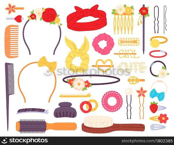 Hair clips with flowers and pearls, bow headband and hairpins. Fashion jewelry for hairstyle. Barrettes, pins and combs vector set. Illustration of clip beauty hairpin, hairdressing accessory. Hair clips with flowers and pearls, bow headband and hairpins. Fashion jewelry accessory for hairstyle. Barrettes, pins and combs vector set