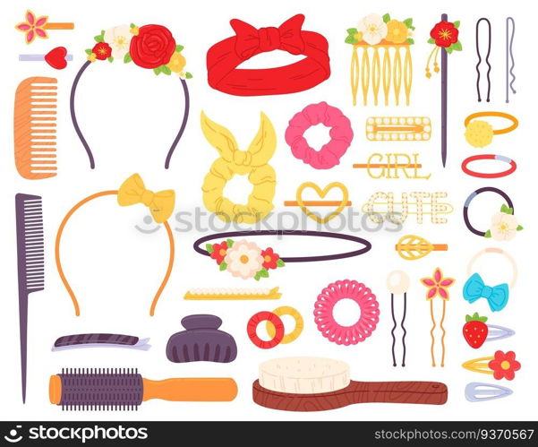 Hair clips with flowers and pearls, bow headband and hairpins. Fashion jewelry for hairstyle. Barrettes, pins and combs vector set. Illustration of clip beauty hairpin, hairdressing accessory. Hair clips with flowers and pearls, bow headband and hairpins. Fashion jewelry accessory for hairstyle. Barrettes, pins and combs vector set