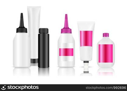 Hair coloring bottles set. Vector mockup template. Hair dressing, styling professional beauty tools.. Hair coloring bottles set. Vector mockup template