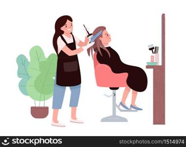 Hair coloring flat color vector characters. Female hairdresser. Hair dyeing procedure. Hairstylist studio. Stylist client. Woman getting hairdo. Beauty salon isolated cartoon illustration