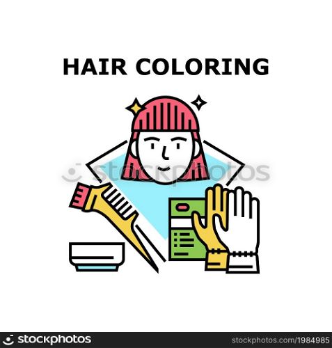 Hair Coloring Vector Icon Concept. Hair Coloring Hairdresser Occupation For Change Female Client Hairstyle. Gloves And Paintbrush Tool Professional Accessories For Painting Color Illustration. Hair Coloring Vector Concept Color Illustration