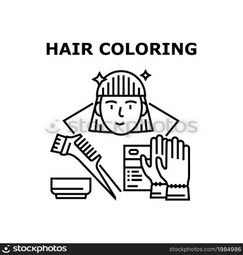 Hair Coloring Vector Icon Concept. Hair Coloring Hairdresser Occupation For Change Female Client Hairstyle. Gloves And Paintbrush Tool Professional Accessories For Painting Black Illustration. Hair Coloring Vector Concept Black Illustration