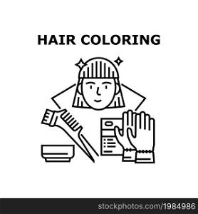 Hair Coloring Vector Icon Concept. Hair Coloring Hairdresser Occupation For Change Female Client Hairstyle. Gloves And Paintbrush Tool Professional Accessories For Painting Black Illustration. Hair Coloring Vector Concept Black Illustration