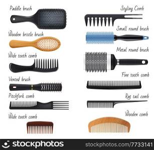 Hair combs and hairbrushes, woman fashion and haircare vector accessories. Hairdresser salon styling and hair brushing tools, wooden bristle and paddle brush, hairstyle rat tail and pitchfork comb. Hair combs and hairbrushes, woman fashion haircare