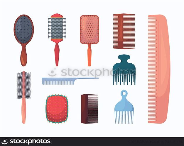 Hair combs. Barber shop items beauty salon objects woman combs collection garish vector isolated set. Combs for beauty hair, haircut barber accessory illustration. Hair combs. Barber shop items beauty salon objects woman combs collection garish vector isolated set