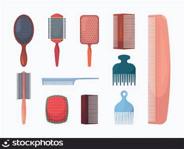 Hair combs. Barber shop items beauty salon objects woman combs collection garish vector isolated set. Combs for beauty hair, haircut barber accessory illustration. Hair combs. Barber shop items beauty salon objects woman combs collection garish vector isolated set
