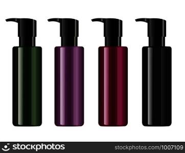 Hair conditioner dispenser pump cosmetic bottles mockup set. Different color bottles with glossy black dispensers for moisturizer,gel,mask,base,cream. Vector package design.. Hair conditioner dispenser pump cosmetic bottle