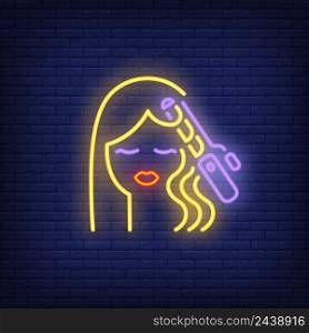 Hair curler curling woman hair neon sign. Hairdressing salon, style and fashion concept. Advertisement design. Night bright colorful billboard, light banner. Vector illustration in neon style.
