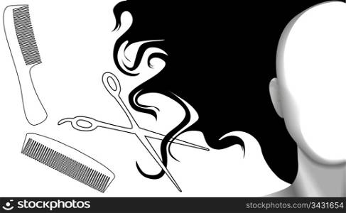 Hair Cut Beauty Salon Elements & Background: combs, scissors, and hairstyle. Image proportions are standard business card size.