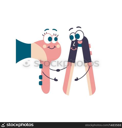 Hair dryer and Styler holding hands. Love and friendship. Vector on white background
