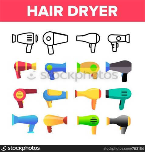 Hair Dryer Appliance Vector Color Icons Set. Modern and Retro Hairdryers Linear Symbols Pack. Beauty Parlor, Hairdresser Salon Equipment. Hair Styling Professional Tool Isolated Flat Illustrations. Hair Dryer Appliance Vector Color Icons Set