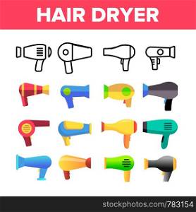 Hair Dryer Appliance Vector Color Icons Set. Modern and Retro Hairdryers Linear Symbols Pack. Beauty Parlor, Hairdresser Salon Equipment. Hair Styling Professional Tool Isolated Flat Illustrations. Hair Dryer Appliance Vector Color Icons Set