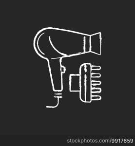 Hair dryer chalk white icon on black background. Drying and styling hair. Hand-held electric blower. Preventing frizz. Hairstyling appliance. Blow drying. Isolated vector chalkboard illustration. Hair dryer chalk white icon on black background