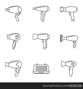 Hair dryer icon set. Outline set of hair dryer vector icons for web design isolated on white background. Hair dryer icon set, outline style