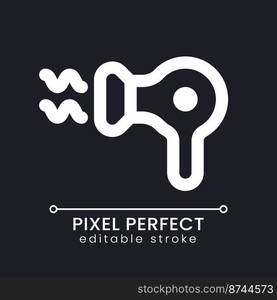 Hair dryer pixel perfect white linear ui icon for dark theme. Appliance for hairstyle. Vector line pictogram. Isolated user interface symbol for night mode. Editable stroke. Poppins font used. Hair dryer pixel perfect white linear ui icon for dark theme