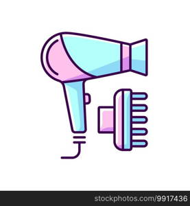 Hair dryer RGB color icon. Drying, styling hair. Hand-held electric blower. Preventing frizz. Hairstyling appliance. Styling machine. Adjustable heat and speed settings. Isolated vector illustration. Hair dryer RGB color icon