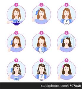 Hair dyeing icons set. How to dye hair at home tutorial. Step-by-step instruction for hair coloring process. Beauty procedure. Apply color creme on hair with brush. Isolated flat vector illustration.. Hair dyeing icons set. How to dye hair at home tutorial.